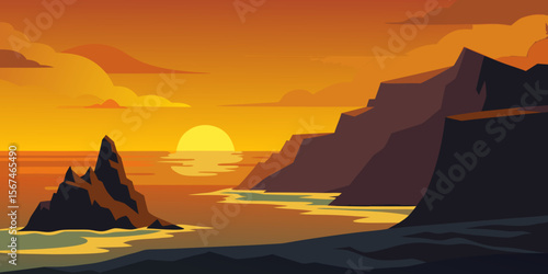 A vibrant orange sunset casts a warm light over the tranquil sea, with a lone sailing boat silhouetted against the fiery horizon