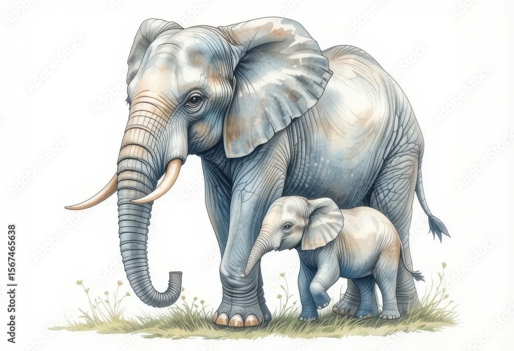 Obraz premium Mother and Baby Elephant Walking Through Grassland Together