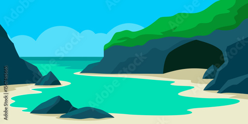 Beautiful summer island landscape with blue ocean water, sandy beach, and clear sky