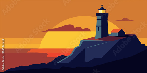 A solitary lighthouse stands tall against the vibrant sunset sky, its beacon casting a guiding light across the tranquil sea and rugged coastline