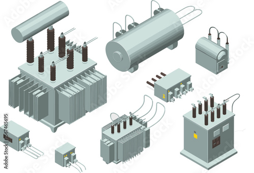 Electrical transformer components, power substation equipment, high voltage transformers, industrial power units, energy conversion system, 3D vector illustration