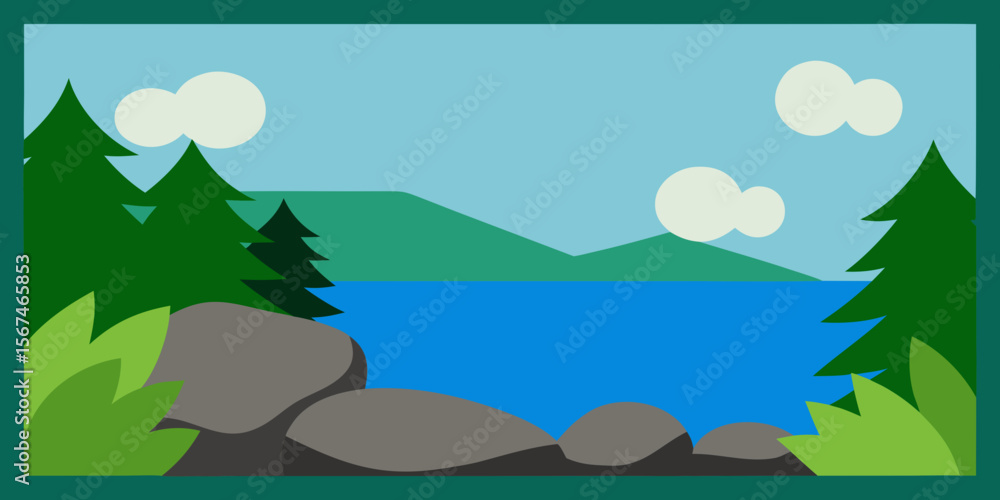 Fototapeta premium Serene Lakeside Escape Tranquil Nature Illustration