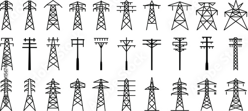 Electricity transmission tower and utility pole silhouette set, power grid infrastructure, high voltage pylon vector icons for energy distribution design