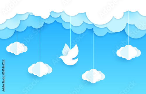 White pigeon and dove paper cut bird in clouds. Freedom, dream and Christian religion hope paper cut vector concept, cutout wallpaper. White dove bird flying in sky papercut background or 3d backdrop