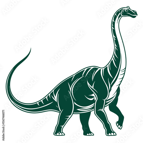 A stylized green dinosaur with a long neck and tail walks forward on a white background