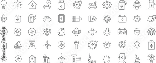 Energy and electricity outline icon set, electric power, renewable sources, smart grid, battery, solar, and EV symbols vector pack