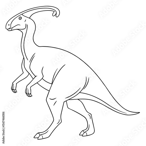 A simple black and white line drawing of a parasaurolophus dinosaur standing on a white background