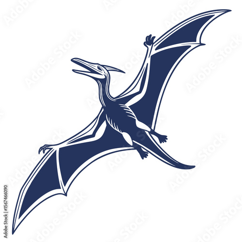 Stylized dark blue pterodactyl in flight with wings spread wide against a clean white background