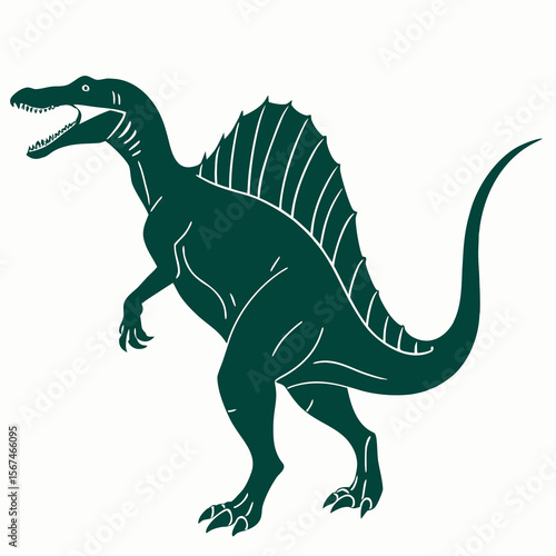 Stylized dark green spinosaurus dinosaur with sail on its back and open mouth on white background