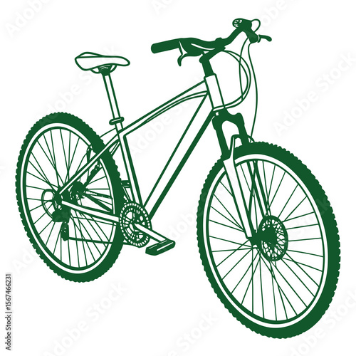 Green line art illustration of a modern mountain bicycle with knobby tires and suspension fork on a white background