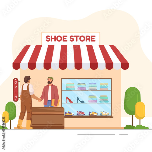 Customer and Shopkeeper Handshake Outside Footwear Shop – Flat Style Illustration – JPEG

