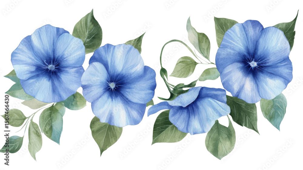 Fototapeta premium Watercolor Illustration of Morning Glory Blue Flowers in Bloom Isolated on White Background