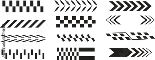 Set of black racing stripes and chevron arrow designs in various styles. Ideal for vehicle decals, sports graphics, motion elements, UI indicators, and speed-themed vector illustrations.
