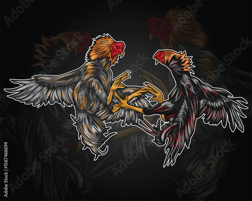 Vector illustration of two fighting cocks fighting.