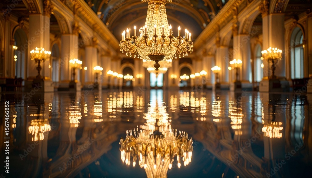 Obraz premium A conceptual photo of a desktop wallpaper with a deep, reflective water surface, showing a blurred reflection of an opulent chandelier or a grand architectural detail