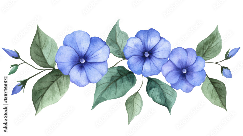 Fototapeta premium Blue Flowers with Green Leaves in Botanical Style Isolated on White Background