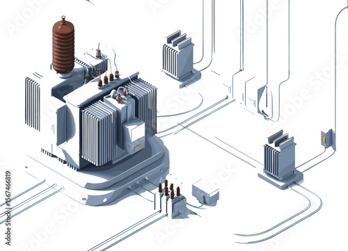 Isometric power substation transformer, electric grid connection, energy distribution unit, high voltage equipment system, industrial transformer 3D illustration design