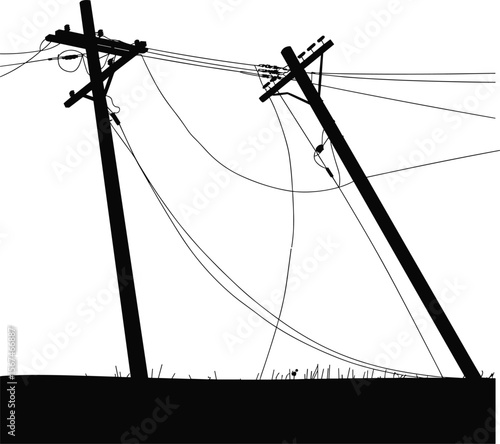 Leaning utility poles cad drawing flat vector illustration, slack power lines between poles, rustic ground surface, infrastructure hazard sketch concept view