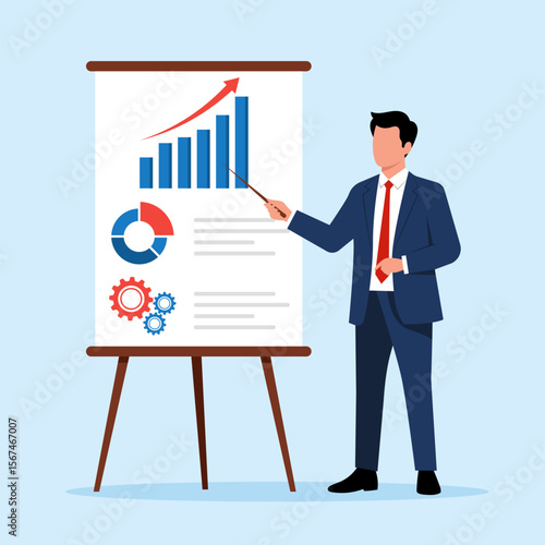 Illustration of a businessman giving a presentation with charts and graphs, symbolizing business analysis, strategy, and performance reporting.