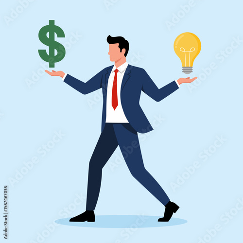 Illustration of a businessman balancing a dollar sign and a lightbulb, symbolizing the value of ideas and investment in innovation.