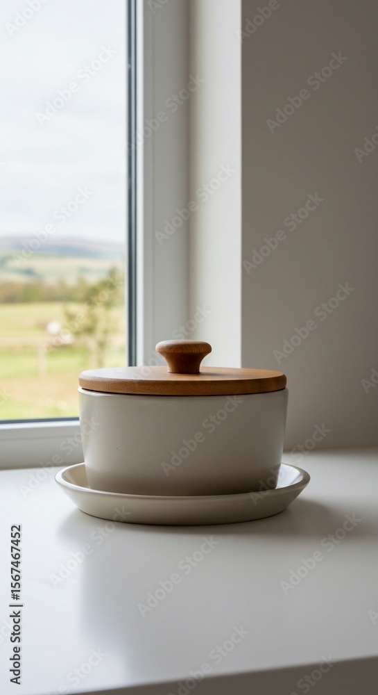 Light Beige Ceramic Bowl with Wooden Lid on a White Countertop Light Beige Ceramic Bowl with Wooden Lid on a White Countertop