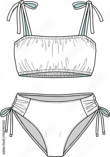 Ruched bow-tie bikini set cad drawing flat vector illustration, high-waisted bottom, gathered top, adjustable straps, front and back view