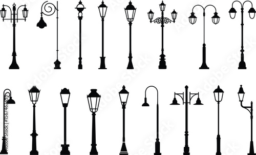 Street lamp collection silhouettes cad drawing flat vector illustration, sixteen decorative pole designs, vintage and modern styles, urban lighting layout