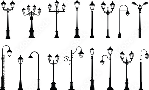 Street lamp silhouettes cad drawing flat vector illustration, sixteen decorative lighting pole designs, vintage and modern styles, urban lighting layout