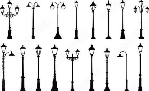 Street lamp silhouettes cad drawing flat vector illustration, sixteen decorative lighting pole designs, urban infrastructure concept, front view layoutStreet lamp silhouettes cad drawing flat 