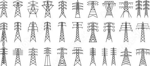 Transmission tower collection cad drawing flat vector illustration, 30 unique pylon silhouettes, electric grid structures, front lattice layout, infrastructure sketchTransmission tower collection