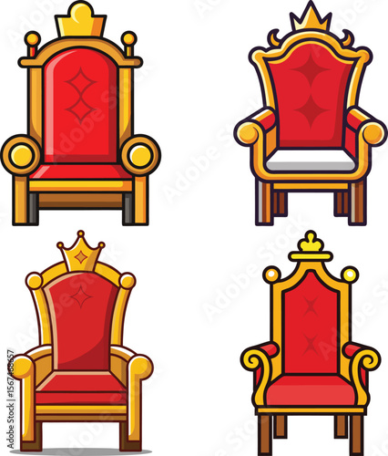 Collection of four ornate red and gold thrones with crowns on a white background
