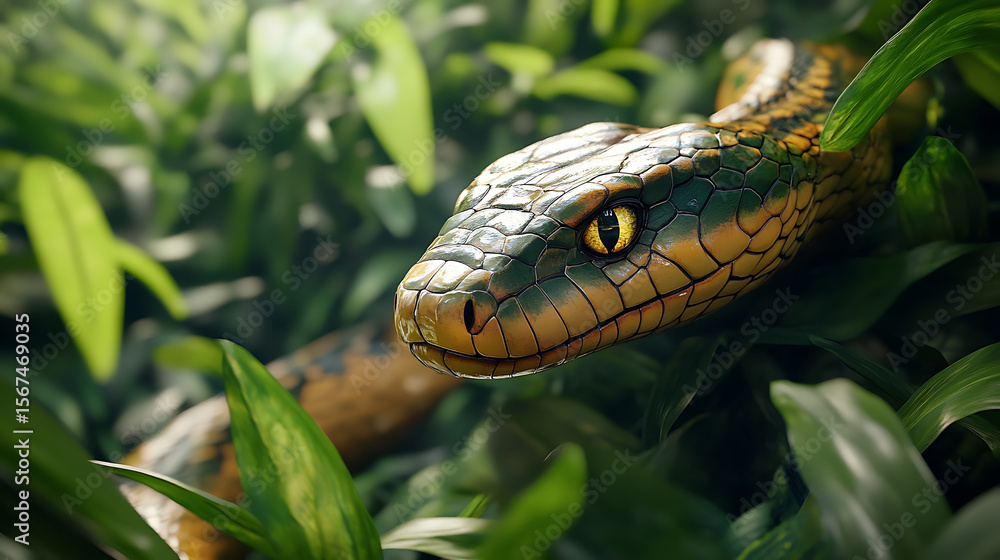 Tropical snake resting under dense leaves high resolution picture Tropical snake resting under dense leaves high resolution picture