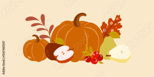 Hand drawn vector set autumn fruit elements. Fall autumn leaves, apples, pears, mushrooms, berries, oak, pumpkins. Colorful fruit autumn illustration.