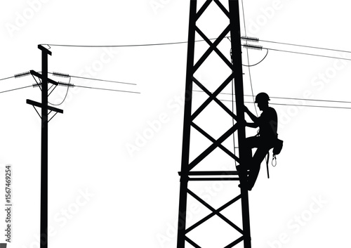 Utility Lineman on Power Line Tower & Distribution Pole: Silhouette of Electrical Worker Maintaining High Voltage Transmission and Local Power Grid, Flat Vector Illustration