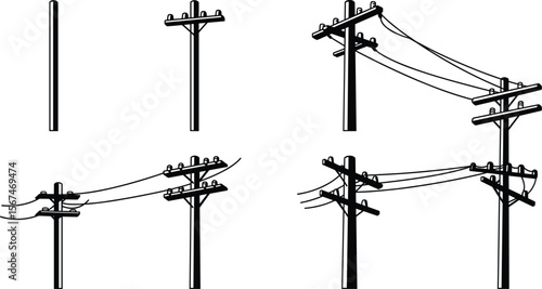 Utility pole evolution cad drawing flat vector illustration, five stages from basic to complex wire layout, electrical distribution structure sketchUtility pole evolution cad drawing 