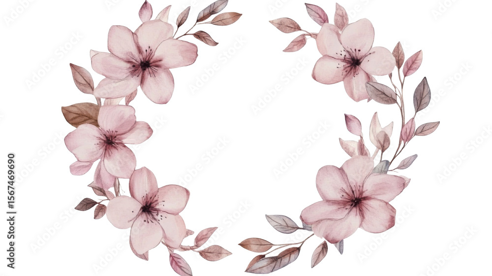 Fototapeta premium Watercolor Frame of Pink Flowers in Circular Wreath Design Isolated on White Background