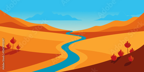 Desert highway winding through arid valleys at sunset, with golden dunes and distant mountains under a vast, colorful sky