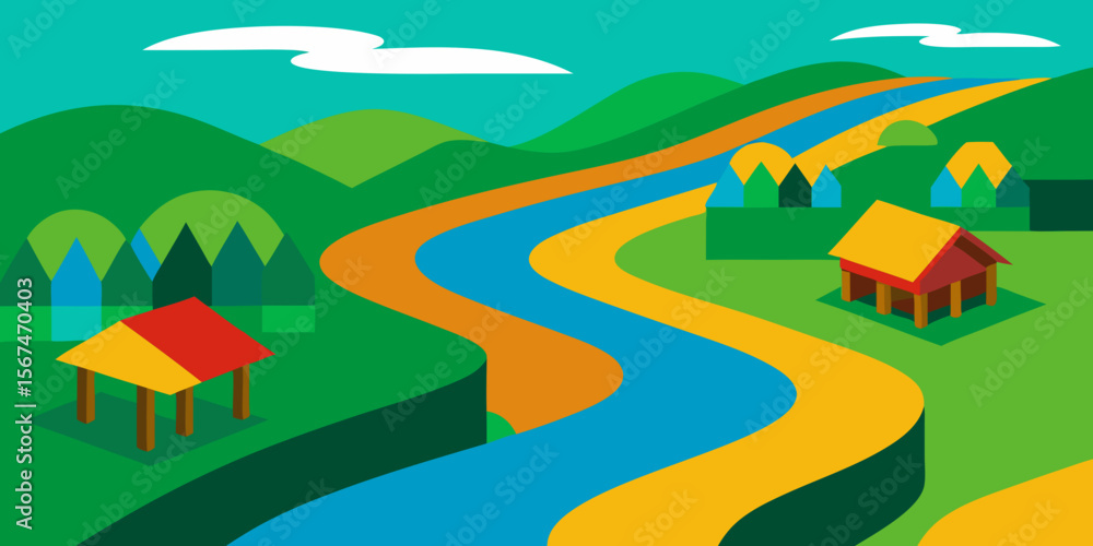 Fototapeta premium Rural country landscape with a charming house, green fields, and a summer sky with clouds, a perfect nature illustration