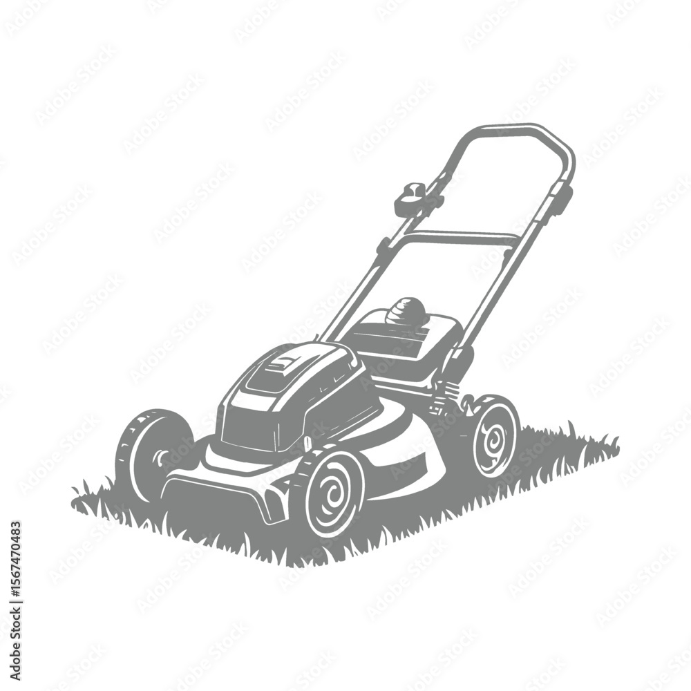 Fototapeta premium Lawn Mower on Grass A Hand-drawn Flat Illustration
