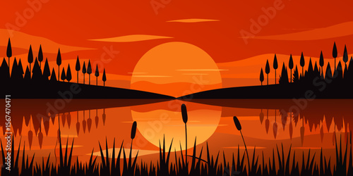 Golden hour reflects over serene lake and river landscapes, silhouetting mountain peaks under a vibrant evening sky
