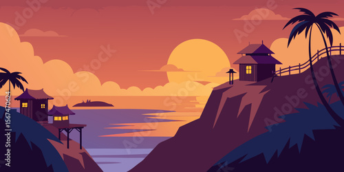 Orange and red clouds silhouette the majestic mountains and sea at dusk, creating a breathtaking nature landscape
