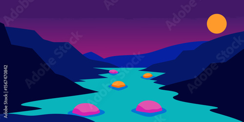 Serene River Landscape Vibrant Sunset Hues and Floating Orbs