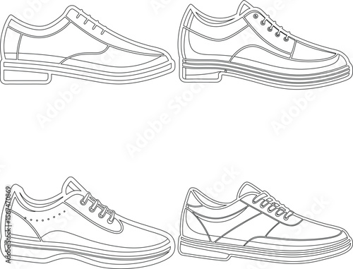 Collection of four different styles of men s footwear outlined on a white background