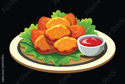 Cartoon Chicken Nuggets with Ketchup and Lettuce on a Plate