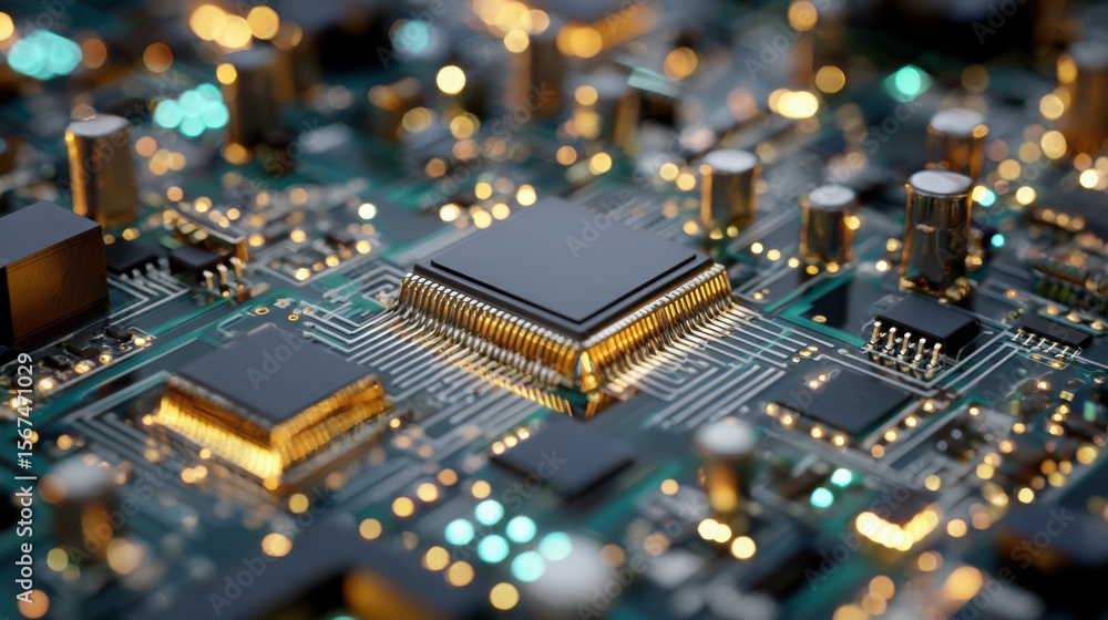 Close-Up of Electronic Circuit Board with Microchips and Components
Close-Up of Electronic Circuit Board with Microchips and Components