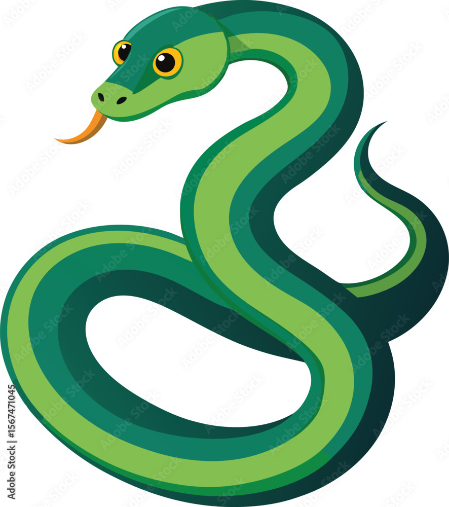 Naklejka premium Stylized green snake with yellow eyes and orange tongue on white background