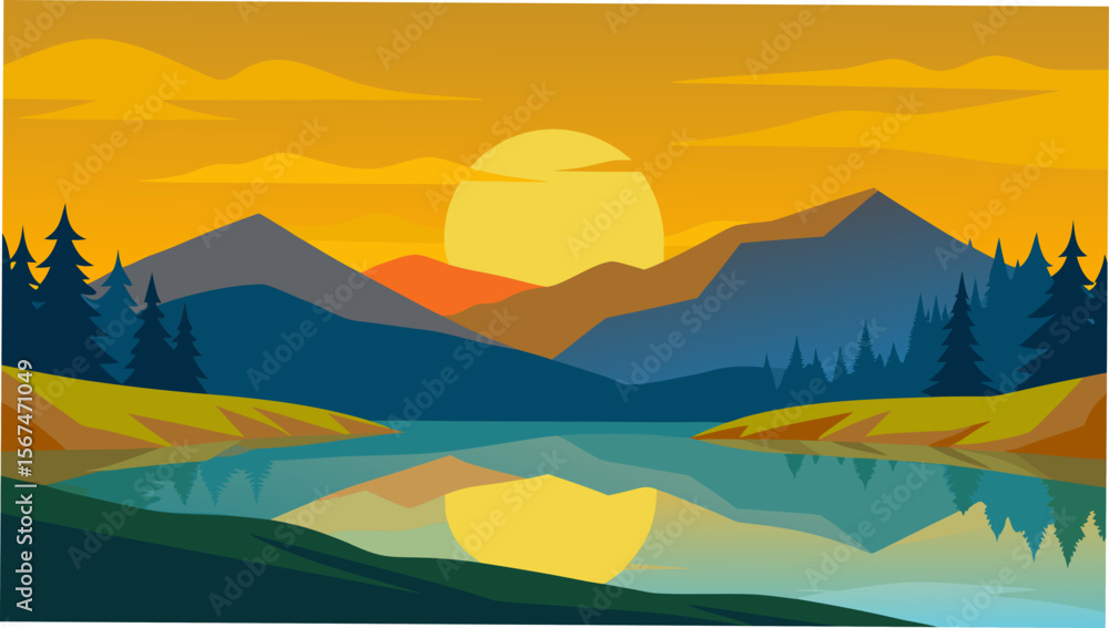 Naklejka premium Majestic Sunset Landscape Golden Hour Mountains and Serene Lake Reflection