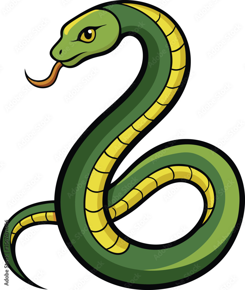 Fototapeta premium Stylized cartoon green snake with yellow markings coiled on white background