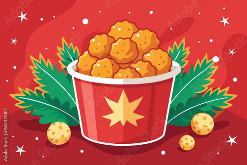 Festive Bucket of Golden Fried Chicken Nuggets with Christmas Decorations