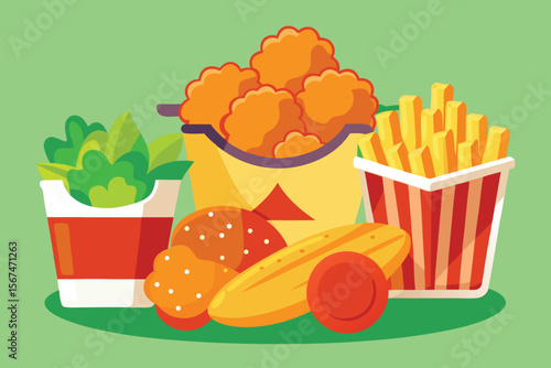 Cartoon Fast Food Meal with Chicken Nuggets Fries Burger and Salad